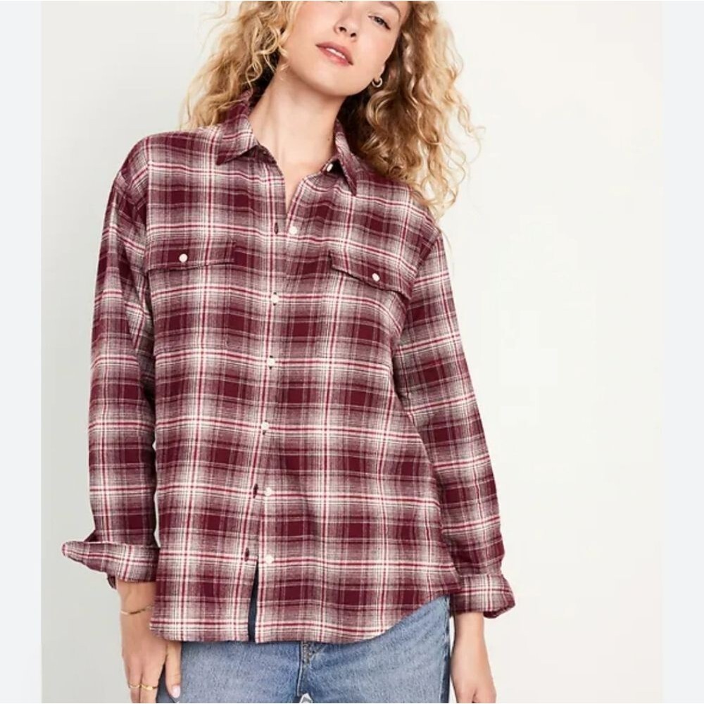 Old Navy Women's Large Loose Flannel Boyfriend Casual Long Sleeve Shirt